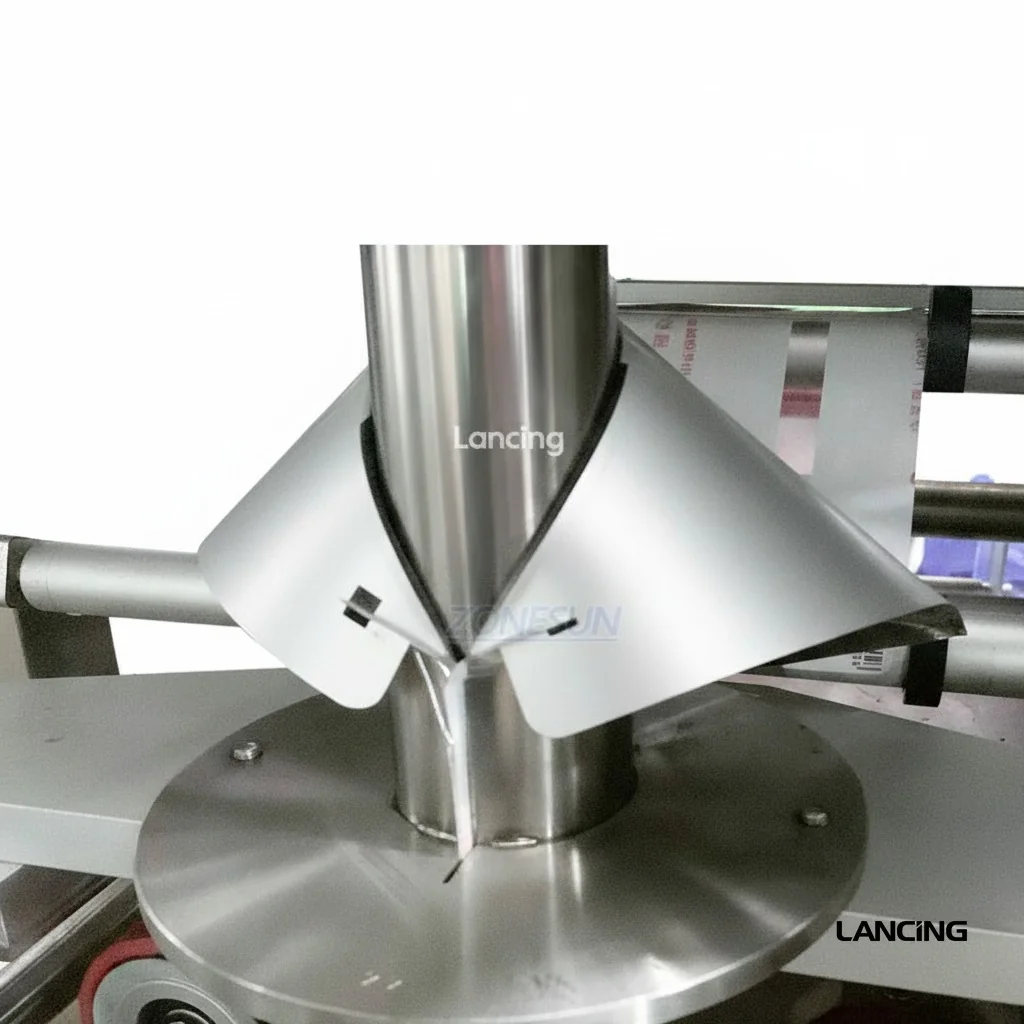 Close-up of weigh filler discharge collar for coffee tea seed and granule dosing